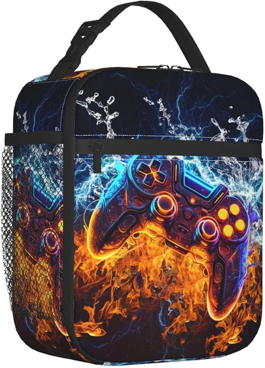 Video Game Controller Insulated Lunch Bag, Gaming Gadgets Lunch Box for Kids, Portable Reusable Zipper Fire and Water Game Lunch Box for Men Women School Work Travel