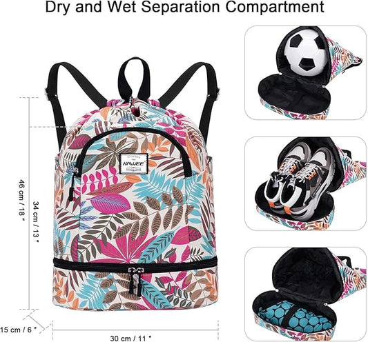 Dry Wet Drawstring Backpack with Shoe Compartment for Women Adjustable Gym Bag