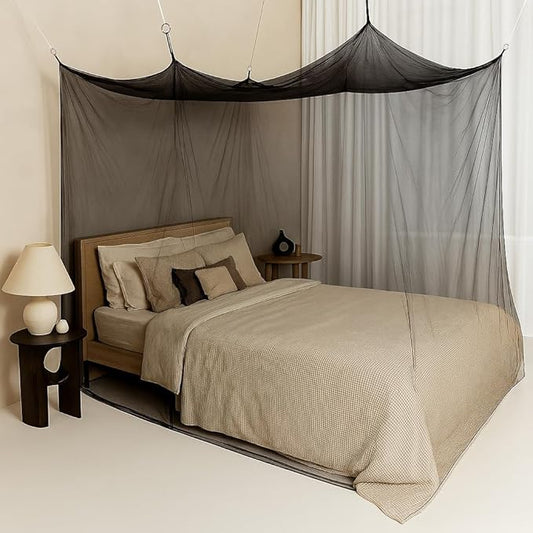 Black Mosquito Net for Single to King-Sized Beds – No Openings & 6 Hanging Loops – Decorative Rectangular Shape for Home & Travel – Bed Canopy Hanging Kit & Carrying Bag Included