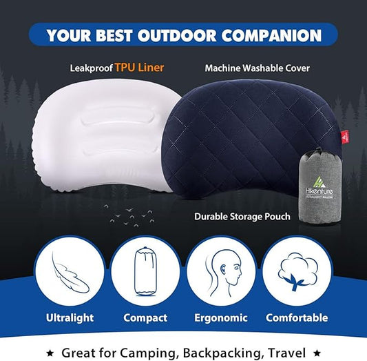 Hikenture Inflatable Pillow for Camping, Washable Backpacking Pillow for Sleeping, Ultralight Blow Up Pillows with Removable Cover, Portable&Compact Hiking Pillow for Beach, Travel, Outdoor(Blue)
