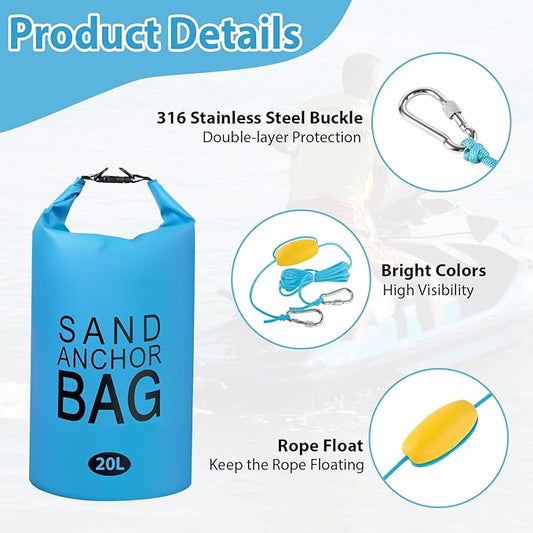 20L Sand Anchor Bag, 2 in 1 Jet Ski Anchor Kit for Float with Adjustable Buoy, Waterproof Dry Bag for Jetski, Kayak, Boat, Water Sports - Blue