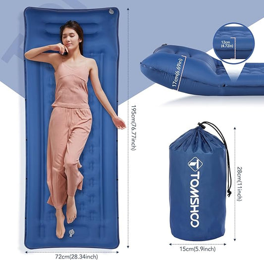 TOMSHOO Sleeping Pad, Ultralight Camping Mat Inflatable Sleeping Mat 77''X28'' Camping Mattress with Pillow Built-in Foot Pump with 2 Carabiners for Camping, Hiking, Travel, Tent
