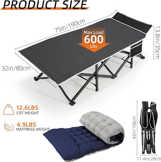 Portable Camping Cot, 32" Extra Wide Camping Cots for Adults with Thick Mattress, Heavy Duty Sleeping Cot Holds Up to 600LBS, Cots for Sleeping, Rv, Beach, Patio, Office Naps(Blue)