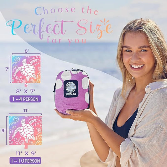 WEKAPO Beach Blanket Waterproof Sandproof Oversized Extra Large Sand Free Beach Mat with Stakes, Storage Bag - Essentials for Outdoor Beach, Picnic (Pinkish Purple Sea Turtle, 8 X 7 FT (1~4 Person))