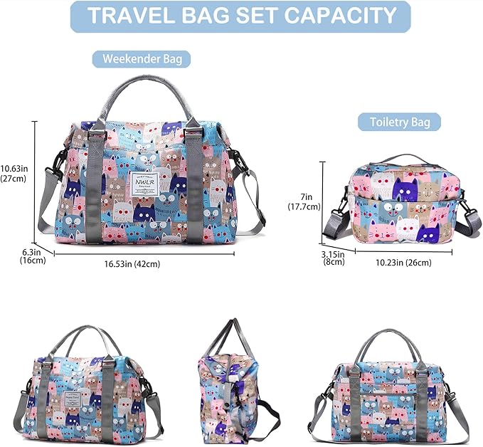 Travel Duffle Bag Weekender Overnight Bag Gym Tote with Wet Pocket for Women Girls Workout Duffel Bag Water Resistant (W-Cute Cats+Toiletry Bag)