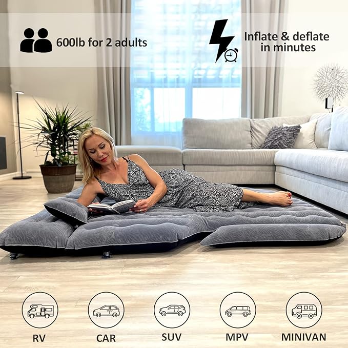 Umbrauto SUV Camping Air Mattress| Flocked Car Sleeping Bed with Reinforced Bottom| Back Trunk Inflatable Airbed for Vans| Includes Electric Pump, Pillows, Repair Patch & Carry Bag