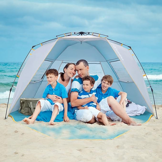 WolfWise 4-5 Person Easy Up Beach Tent UPF 50+ Portable Instant Sun Shelter Canopy Umbrella with Extended Zippered Porch, Blue