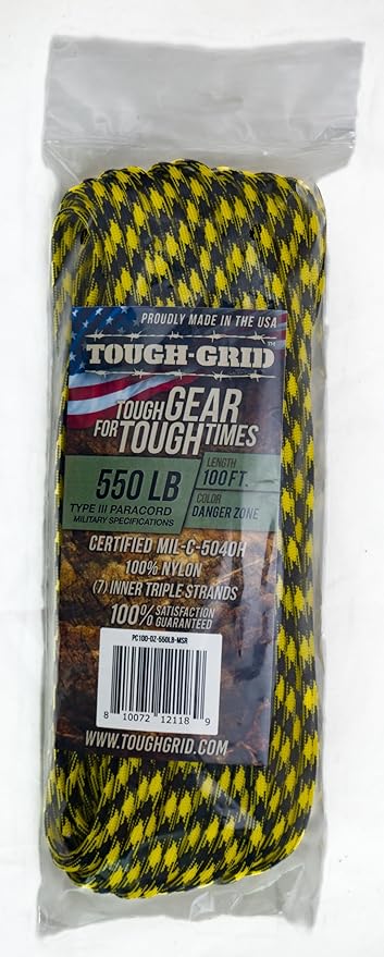 TOUGH-GRID Premium Danger Zone Paracord 550 lbs Made in USA Outdoor Survival Nylon Rope Tactical Heavy Duty Strands Parachute Cord Used by US Military Type III Mil-Spec