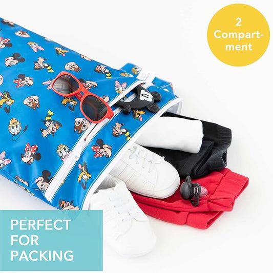 Bumkins Disney Waterproof Wet Dry Bag for Baby, Travel, Swimsuit, Cloth Diapers, Pump Parts, Pool, Beach, Gym Clothes, Toiletry, Hook to Stroller, Daycare, Zip Reusable Wetdry, Mickey and Friends Blue