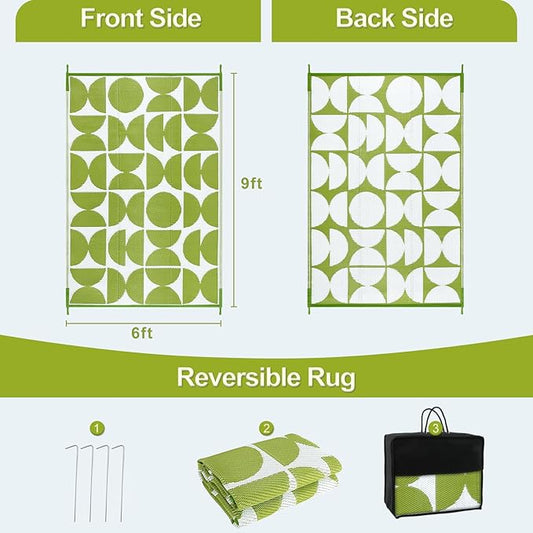 Wonnitar Outdoor Rug 6x9, Waterproof Patios Rug Reversible Plastic Straw Rug, Large Outside Area Rug, Portable Camper RV Mat, Outdoor Carpet for Picnic Balcony Backyard Porch Deck (Green,6'x9')