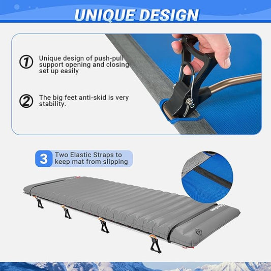 KingCamp Camping Cots for Adults Outdoors Backpacking,Folding Ultralight Heavy Duty Sleeping Cots Compact Portable Cot for Travel Hiking,Indoor Base Camping Bed with Storage Bag and Pillow, Blue