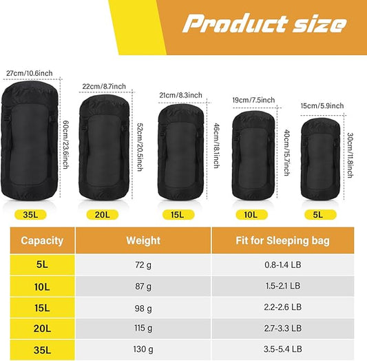 5 Pcs Compression Sacks for Backpacking 5L/10L/15L/20L/35L Camping Sleeping Bag Stuff Sack Water Resistant Sleeping Bag Storage Sack for Space Saving Hiking Gear