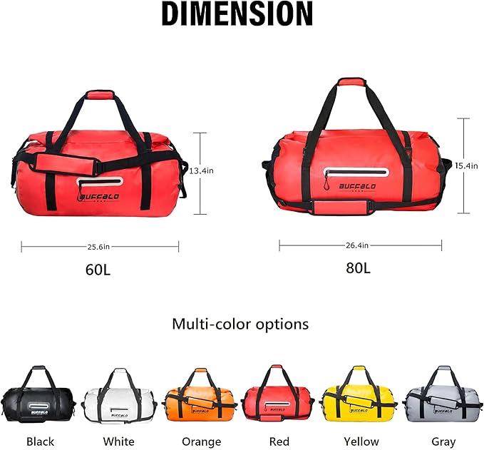 Buffalo Gear Waterproof Duffle Bag 40L 60L 80L Roll-top Dry Bag Heavy Duty Waterproof Duffel Travel Bag for Kayaking Rafting Boating Fishing Camping
