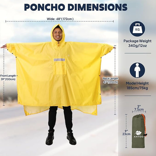 ANYOO Hooded Rain Poncho for Adults Waterproof Lightweight Rain Coat for Men Women Reusable Rain Jacket for Emergency Outdoor