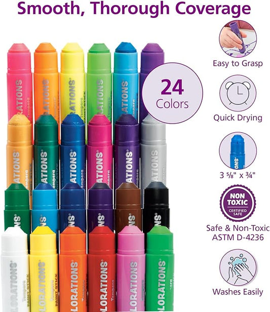 Tempera Paint Sticks, 24 Colors, Silky Smooth Color Application, Classic, Neon & Metallic Colors