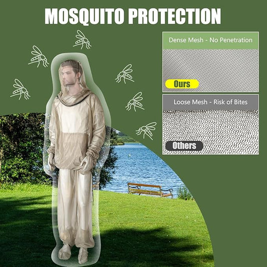 4-Piece Net Suit XXL, Full Body Jacket with Zippered Hood, Pants, Gloves & Foot Covers, Thickened Breathable Mesh, Adjustable Fit for Men & Women, Lightweight for Outdoor, Camping, Fishing & Gardening
