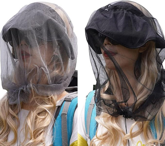 wohohoho Mosquito Head Net Mesh with Drawstring, Bug Face Netting for Hats, Mesh Face Shield for Men & Women Beekeeper Net Mask Protection for Midges, Bugs & Gnats (2 Packs, Mix Colors, Updated Size)