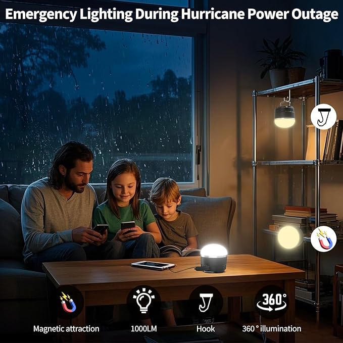 LED Camping Lantern Rechargeable, 1000LM Portable Camping Tent RGB Light with 10 Light Modes & Magnetic Base, 4000mAh Emergency Hanging Light for Hurricane, Power Outage, Camping, Hiking