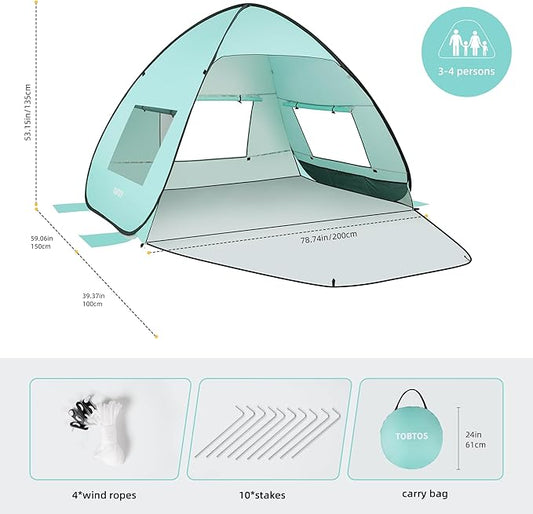 TOBTOS UPF 50+ Pop Up Beach Tent, Easy Set Up Beach Umbrella, Sun Shelter for 2-3 People UV Protection Portable Sunshade, Baby Canopy Cabana, Lightweight with Carry Bag