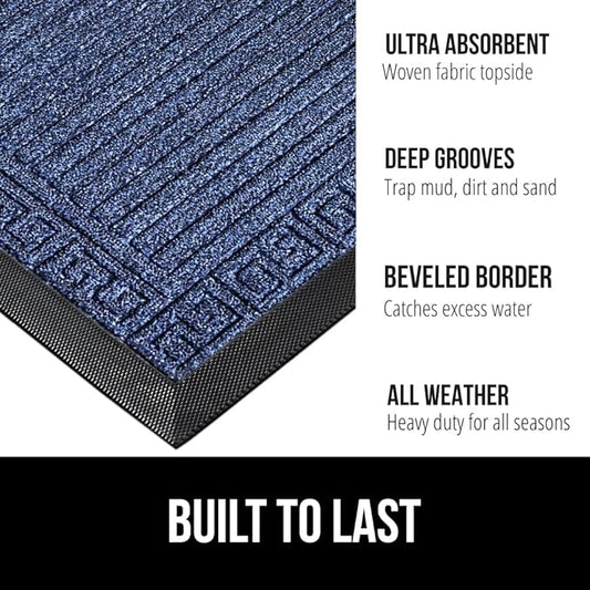 GORILLA GRIP 100% Waterproof All-Season WeatherMax Doormat, 23x35, Durable Natural Rubber, Stain and Fade Resistant, Low Profile, Indoor Outdoor Door Mats, Easy Clean Patio Entry Mat, Navy Greek Keys