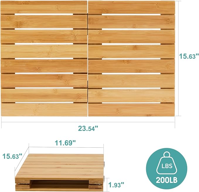 Waterproof Bamboo Bath Mat for Shower, Wooden Floor Mat for Bathroom, Foldable | Non-Slip | Heavy Duty, Shower Mat for Indoor Outdoor, 23.5in x 15.6in
