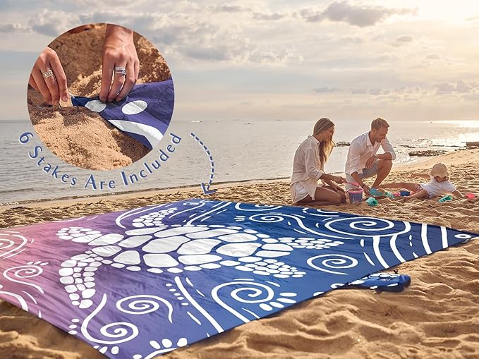 WEKAPO Beach Blanket Waterproof Sandproof Oversized Extra Large Sand Free Beach Mat with Stakes, Storage Bag - Essentials for Outdoor Beach, Picnic (Deep Blue Sea Turtle, 8 X 7 FT (1~4 Person))