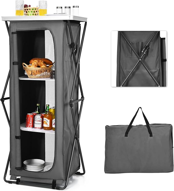 Goplus Folding Camping Storage Cabinet, Pop Up Outdoor Camping Kitchen Station with Large 3-Tier Storage Organizer, Carry Bag, Easy Set Up Portable Compact Camping Table for BBQ Picnic Backyard (55'')