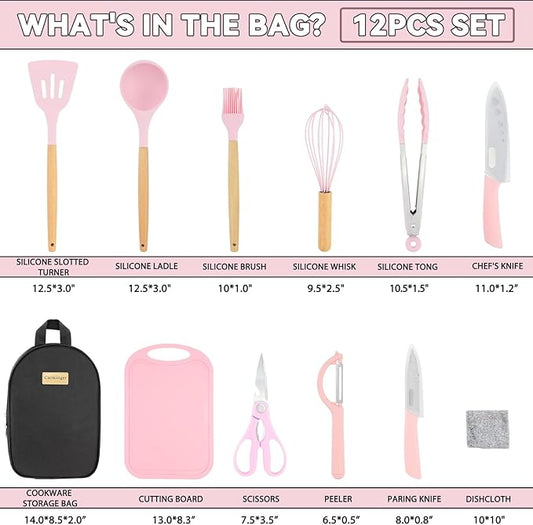 12PCS Camping Accessories Kitchen Cooking Utensils Set - Portable Outdoor Camp Cookware Set, Silicone Camper Essentials Gear Must Have Supplies for Travel RV BBQ Grill Picnic Hiking