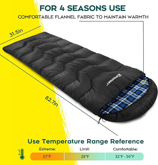 Bessport Sleeping Bag Winter | Flannel Lined 18℉ - 32℉ Extreme 3-4 Season Warm & Cool Weather Adult Sleeping Bags Large | Lightweight, Waterproof for Camping, Backpacking, Hiking