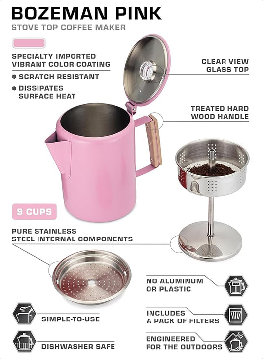 COLETTI Bozeman Camping Coffee Pot — Camping Coffee Makers, Coffee Percolator – America's Sleekest Percolator – NO Aluminum or Plastic (Pink)