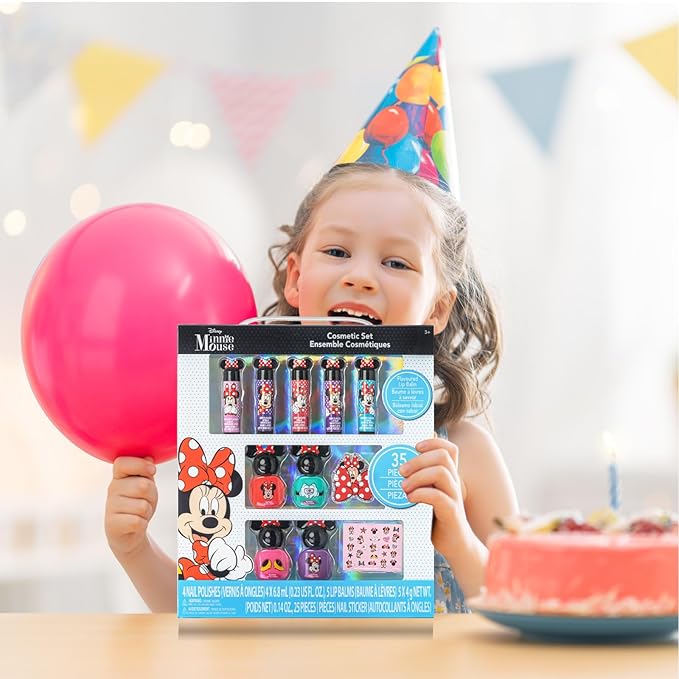 Townley Girl Disney Minnie Mouse Sparkly Cosmetic Makeup Set for Girls with Lip Balm Nail Polish Nail Stickers-35 Pcs|Perfect for Parties Sleepovers Makeovers|Birthday Gift for Girls above 3 Yrs, Kid