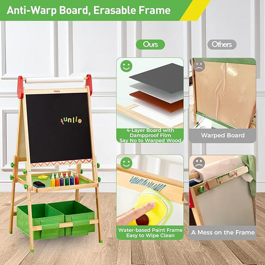 FUNLIO Anti-Warping Kids Art Easel, 3 Height Adjustable for Kids Aged 2-8, All-in-One Toddler Easel with Paper Roll & Erasable Frame, Standing Easel with Magnetic Chalkboard/Whiteboard (Green)