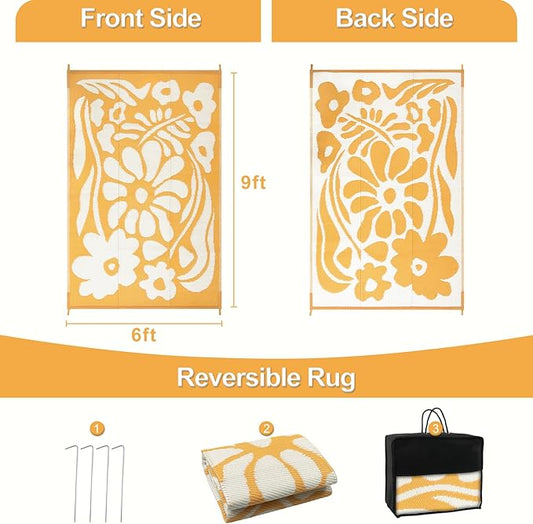 Wonnitar 6x9 Outdoor Rug Waterproof, Reversible Plastic Straw RV Rugs for Camping Outside, Large Portable RV Outdoor Mat Orange Abstract Flower Tent Rug for Camping Garden Picnic (Orange, 6'x9')