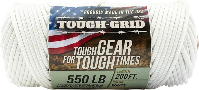 TOUGH-GRID Premium White Paracord 550 lbs Made in USA Outdoor Survival Nylon Rope Tactical Heavy Duty Strands Parachute Cord Used by US Military Type III Mil-Spec