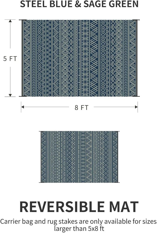 MontVoo Outdoor Rug Carpet Waterproof 5x8 Outdoor Patio Rug Mat Reverisble Plastic Straw Outdoor Rug for RV Camping Picnic Beach Balcony Boho Blue Green