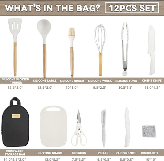 12PCS Camping Accessories Kitchen Cooking Utensils Set - Portable Outdoor Camp Cookware Set, Silicone Camper Essentials Gear Must Have Supplies for Travel RV BBQ Grill Picnic Hiking