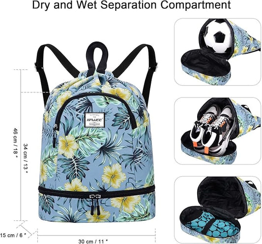 Dry Wet Drawstring Backpack with Shoe Compartment for Women Adjustable Gym Bag