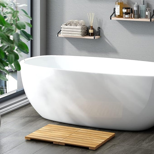 Waterproof Bamboo Bath Mat for Shower, Wooden Floor Mat for Bathroom, Foldable | Non-Slip | Heavy Duty, Shower Mat for Indoor Outdoor, 23.5in x 15.6in