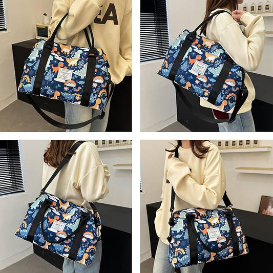 Travel Duffle Bag Weekender Overnight Bag Gym Tote Bag with Wet Pocket for Women Girls Workout Duffel Bag Water Resistant (B-Dinosaurs)