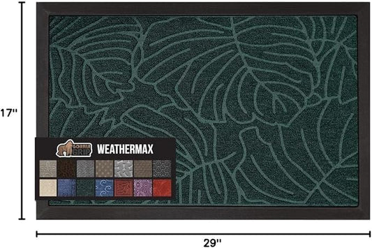GORILLA GRIP 100% Waterproof All-Season WeatherMax Doormat, Durable Natural Rubber, Stain and Fade Resistant, Low Profile, Indoor Outdoor Door Mats, Easy Clean Patio Entrance Mat, 17x29, Green Palm