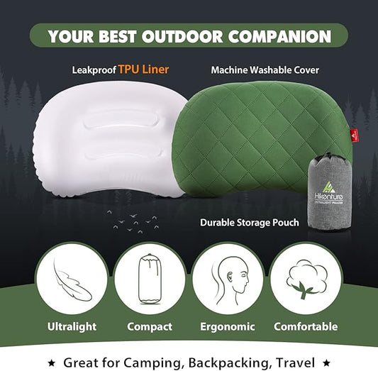 Hikenture Camping Pillow Inflatable, Washable Backpacking Pillow for Sleeping, Ultralight Blow Up Pillows with Removable Cover, Portable&Compact Hiking Pillow for Beach, Travel, Outdoor(Green)
