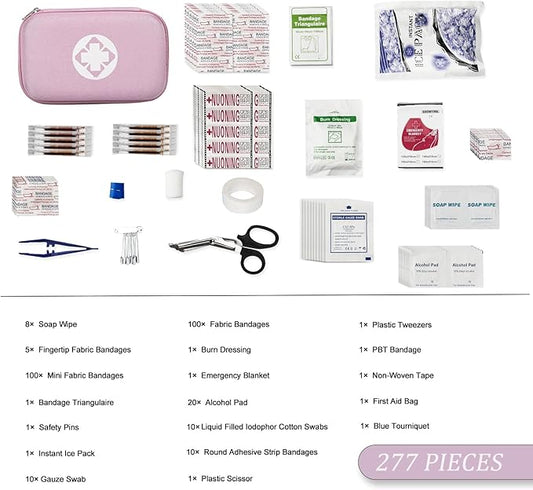 Car First Aid Kit Emergency Kit Camping Essentials Home Pink First-Aid Bag - 277 Piece Emergency Supplies Hiking First Aid Kit for Backpack Survival Kits for Disaster Preparedness YIDERBO