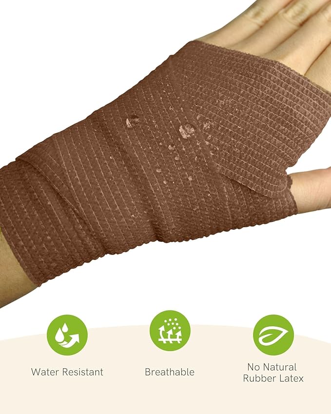 FriCARE Self Adhesive Bandage Wrap, Medical Tape in First Aid Kit, Cohesive Bandages for Wounds Sport Vet, FSA/HSA Eligible, 2 Inches X 5 Yards 6 Rolls, Dark Brown