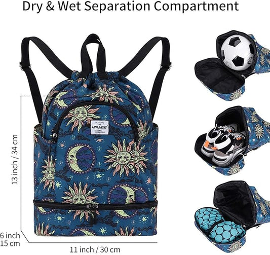 Dry Wet Drawstring Backpack with Shoe Compartment for Women Adjustable Gym Bag