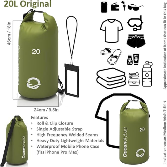 Oceandrybag - Waterproof Dry Bag Backpack - Floating Dry Sack Portable for Kayaking, Beach, Rafting, Boating, Hiking, Camping, Fishing with Waterproof Phone Case