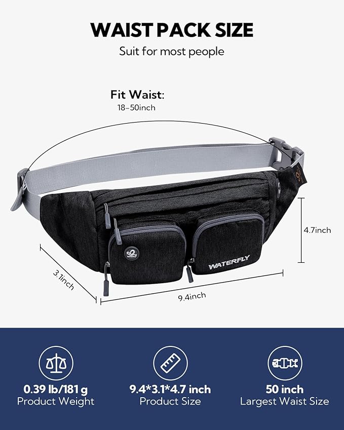 WATERFLY Fanny Pack Waist Bag: Travel Hip Pouch Bum Bag Plus Size Crossbody Fannie Pack Adjustable Belt Waistpack Phanny Fannypack for Man Woman Hiking Walking Jogging
