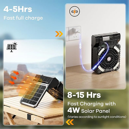 Solar Powered Fan for Camping, 10400mAh Rechargeable Battery Operated Portable Fan with LED Lantern, 4 Speeds Powerful Wind and 3 Timer Table Fan, for Picnic, Hurricane, Fishing, (Black)