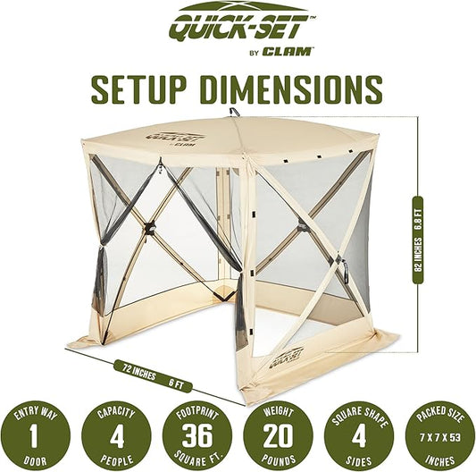 CLAM Pop Up Screen Tent, Outdoor Camping Gazebo Canopy, Traveler, 6' x 6', Tan