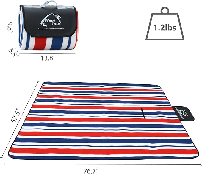 Wind Tour Family Outdoor Waterproof Durable Picnic Blankets with Carry Strap Foldable Sandproof Picnic Floor Mat for Kids Playground Camping Hiking Grass Travelling (1, Red & blue stripes-150*200cm)