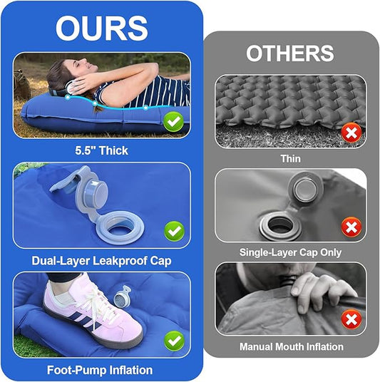 Camping Sleeping Pad,5.5" Extra Thick Inflatable Sleeping Pads with Pillow Built-in Foot Pump Sleeping Mat Compact for Camping, Backpacking, Hiking,Traveling Tent